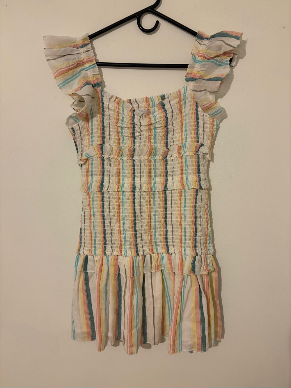 SAYLOR Dollie Mini Dress Striped Smocked Gauze Multicolor Feminine Luxury M - Picture 3 of 8